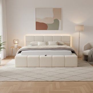 HOME DELUXE LED Bett aus Teddy-Stoff inkl. Stauraum GALA – Beige, 180 x 200 cm inkl. Matratze