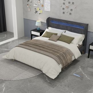 Flieks Polsterbett 160x200cm, Doppelbett mit LED-Kopfteil, Samt, Grau