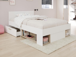 Vente-unique - Bett mit Stauraum + Lattenrost - 120 x 190/200 cm - Weiß & Holzfarben - KINSELIA
