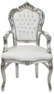 Casa Padrino Barock Esszimmer Stuhl mit Armlehnen weiß / silber Lederoptik mit Bling Bling Glitzersteinen