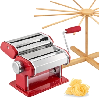 Nudelmaschine für Spaghetti, Pasta und Lasagne inkl. Nudeltrocker aus Bambus als Set, rot
