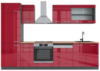 Küchenzeile R-Line Rot Hochglanz/Anthrazit 300 cm , AP Eiche Vicco
