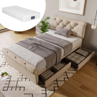 Polsterbett 90x200 cm mit 2 Schubladen, höhenverstellbarem Kopfteil im Scroll-Design, Leinenbett mit Stauraum,inklusive Matratze