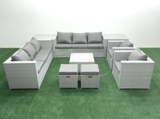 Fimous Rattan Sofa Gartenmöbel Set mit 2 Sesseln Quadratischer Couchtisch 2 kleine Fußhockern 2 Beistelltischen Hellgrau gemischt