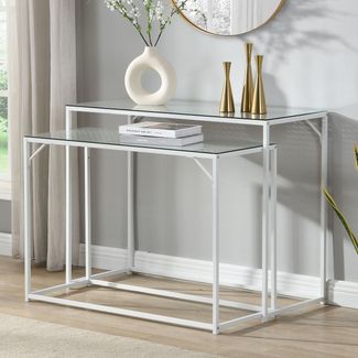 FINEBUY Konsolentisch FB72752 2er Set e Flurtische Metall Glasplatte Modern Industrial (Dekotische 2er Set Weiß Glas Metall Modern), Ablagetische Wohnzimmer, Glastische Platzsparend