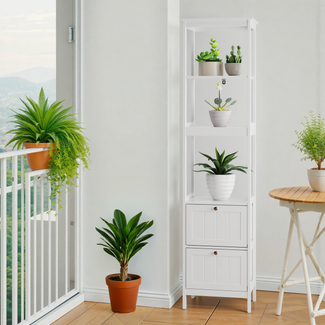 Hochschrank 40x30x160 cm, schmaler Bad- und Waschtischunterschrank mit 2 Schubladen & 3 offenen Regalen, weiß, MDF/Spanplatte,Weiß