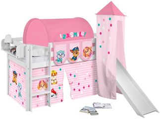Lilokids Kinderbett Hochbett JELLE mit Vorhang & Turm PAW PATROL ROSA 190x90cm