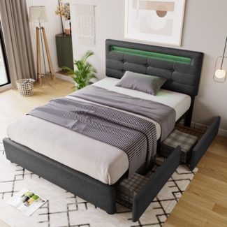 Polsterbett 90x200 cm aus Leinen mit LED-Beleuchtung und 2 Schubladen