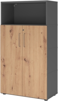 bümö flexi Aktenschrank abschließbar mit Flügeltüren & 1 Regalfach in Graphit/Asteiche, Büroschrank mit werkzeuglosem Schnellmontage-Klicksysten in modularer Bauweise, FW48T3KG-G-R-BS