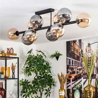 hofstein Deckenleuchte 10-flammige Deckenlampe aus Metall/Glas in Schwarz/Bernstein/Rauch, ohne Leuchtmittel, im Retro/Vintage-Design (Schirme Ø 15 cm), E14