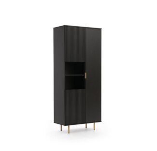 Lomadox Vitrine NADOR-132 in matt schwarz, goldfarbene Metallgriffe und -füße