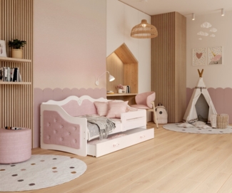 AJKmeble Jugendbett gepolstertes Kinderbett, 80x160, 80x180cm inklusive Lattenrost (mit Polsterung in Weiß, Rosa und Grau, mit Rausfallschutz, für Jungen und Mädchen, Kinderzimmer-Bett), MDF-Holz Made in Europe + optional mit Matratze