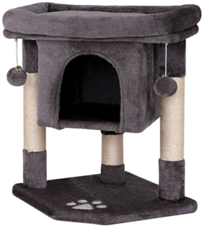 lionto Kratzbaum für Katzen mit Höhle & 2 Plüschballen inkl. Glöckchen, Höhe 60 cm, Katzenbaum mit robustem Sisalseil & weichem Plüsch, gemütliche Liegefläche, für kleine & große Katzen, dunkelgrau