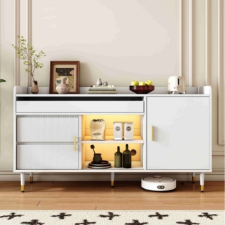 BlingBin Sideboard Mehrere Speichertypen Kommode Vitrine (1 St, mit Glasschiebetüren B140/D38/H76cm Weiß), 16-Farben-Beleuchtung Elegantes modernes Design Spanplatte+Metal
