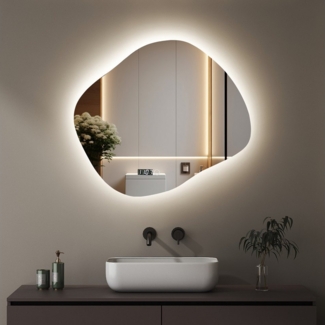 WDWRITTI Wandspiegel mit beleuchtung Badspiegel LED Touch Modern Dreifarbiges Dimmbar (LED Spiegel Bad Schminkspiegel Dekospiegel, Wolke, Wassertropfen, Stein), LED Multifunktionspiegel, Asymmetrisch Spiegel