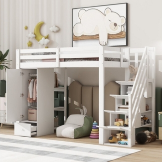 Ulife Hochbett Kinderbett Funktionsbett Stauraumbett mit Schubladen, Kleiderschrank (Ohne Matratze) Geländer, Verstaubare Leiter, Mehrere Einlegeböden, 90x200 cm