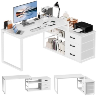 HOMALL Schreibtisch L-förmiger Eckschreibtisch mit USB-Anschluss und zwei Steckdosen. (Abmessungen: 140 x 105 x 75 cm, L-förmiger Schreibtisch Gamingtisch, umwandelbar in einen I-förmigen Schreibtisch, mit 3 Schubladen und 2 Fächern)