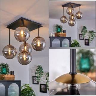 hofstein Deckenleuchte Deckenlampe aus Metall/Glas in Schwarz/Goldfarben/Rauchfarben, ohne Leuchtmittel, Leuchte im Retro-Design aus Glas, 5 x G9 LED, ohne Leuchtmittel