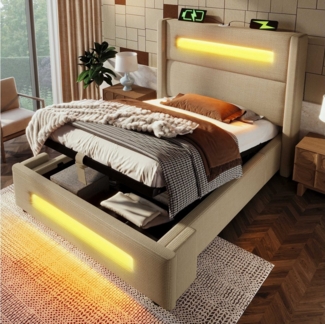 BlingBin Einzelbett Polsterbett Jugendbett (1-tlg, Jugendbett mit LED, hydraulischem Stauraum und USB Type-C Aufladen), 90x200 cm, mit Holzlatten, Leinen, ohne Matratze