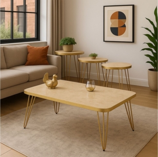 Jungengel Couchtisch Set 4-teilig Travertin Creme Gold Wohnzimmer Beistelltisch Naturstein (4-St, 4-teiliges Tisch-Set), Luxus Couchtisch-Set Travertin Creme mit goldenen Metallbeinen