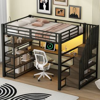 Hochbett mit RGB LED-Streifen, Schreibtisch, Lattenrost, Regal und USB, Treppe mit Regal, 140x200 cm, Kinderbett mit Rausfallschutz, Metallbett