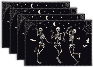 Halloween-Tischsets mit tanzenden Totenköpfen – 4-teiliges Set, schwarz-weißes Muster, rutschfest und hitzebeständig, 30 x 45 cm – Weihnachtsspecial