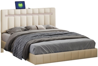 Flieks Polsterbett, LED-Beleuchtung Doppelbett Schwebebettrahmen 140x200cm Leinen