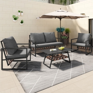 BlingBin Gartenlounge-Set Gartenmöbel Sitzgarnitur Garten-Garnitur Set, für 4 Personen, (4er Set, 4-tlg, Mit Sofa, Couchtisch & Kissen), Abnehmbarer und Waschbarer Stoffbezug, Schwarz