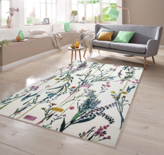 TeppichHome24 Teppich Teppich Blumenwiese in creme grün rosa, rechteckig