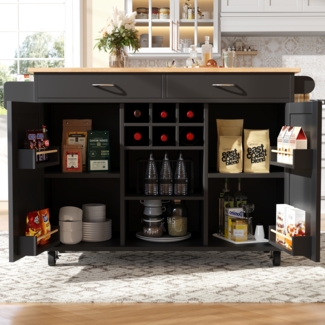 Kücheninsel mit 360° Rollen, verstellbaren Trennwänden & Weinregal, 102x45x92 cm