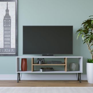 Hanah Home Stylish TV Stand with Wall-Mount Option, White & Oak, 120 x 25 x 46.6 cm | 100% Melamine Coated Particle Board, 18 mm Thick | Multiple Shelves for Modern Living Rooms