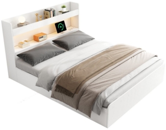 PHOEBE CAT Holzbett Stauraumbett Doppelbett 140x200cm, mit USB-Anschluss und Steckdose, LED-Beleuchtung, ohne Matratze, Weiß