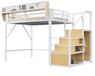 OKWISH Hochbett Jugendbett,Funktionsbett,Einzelbett,Kinderbett (mit Sicherheitsleiter, Kleiderschrank & Regalen 140x200 cm, Metallbett für Kinder, Jugendliche & kleine Räume) ohne Matratze