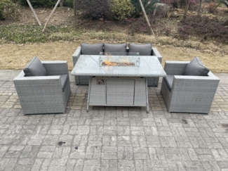 Fimous 5-Sitzer Polyrattan Gartenmöbel Set im Freien Gas Feuertisch Sofa Sets mit 2 Sessel Helles Grau