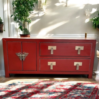 Vintage TV-Stand Rot Kommode Sideboard Lowboard chinesisch asiatisch Kolonial-Stil Antik-Stil Schrank orientalisch Fernost shabby-chic Landhaus