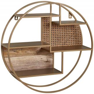 Kadima Design Wandregal, Industrial-Stil, Rattan/Metall/Massivholz, 5 Ablageflächen, Handgefertigt. 62x62x17 cm