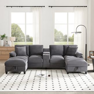 Merax 4-Sitzer U-förmiges-Sofa mit großem Stauraum & USB-Anschlüssen, 1 Teile, Sofa mit Edelstahl-Getränkehaltern, Kissen & extra breitem Cordstoff