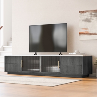 TV-Lowboard 160 cm Grau mit Marmoroptik, Glastüren, 4 Push-to-Open-Schubladen, Kabelmanagement, TV-Schrank für 70-Zoll-Geräte