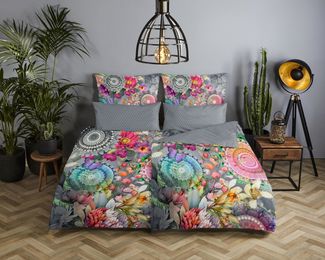 hip Wendebettwäsche Olinga, Mako-Satin, Renforcé, Satin, 3 teilig, Satin, Reißverschluss, Wendeoptik, Mandala, Blume, Grau, Bunt