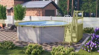 Achteck-Pool X2 470x470 cm mit Terrasse, Holz wassergrau/Folie blau, Karibu