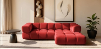 Ecksofa Designersofa BLANCHE in Stoff Bluvel Bordeauxrot Ottomane Rechts