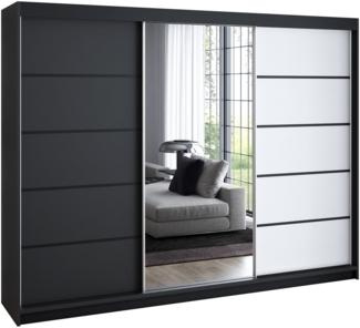 A&J MöbelLand 'Vilano' Schwebetürenschrank mit 4 Schubladen und Spiegel, Spanplatte, 215 x 59,5 x 200 cm, Schwarz / Weiß / Schwarz