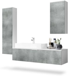 Vladon Badmöbel Komplettset Beach, Korpus in Weiß matt / Fronten in Beton Dunkel, mit Aufsatzwaschbecken und Armatur