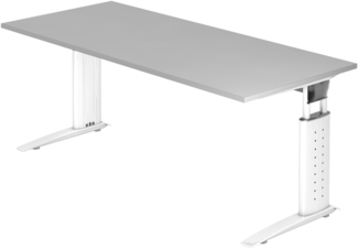 bümö höhenverstellbarer Schreibtisch U-Serie 180x80 grau, Gestell in weiß - großer PC Tisch für's Büro manuell höhenverstellbar, Computertisch verstellbar, US-19-5-W