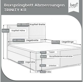 Best for Home Boxspringbett Trinity K-11 Boxspringbett mit Matratze und Stauraum, 7 cm Topper (Polsterbett Doppelbett Boxbett mit gepolstertes Kopfteil, versch. Größen, 140x200 160x200 180x200 200x200 cm), Handwerksqualität