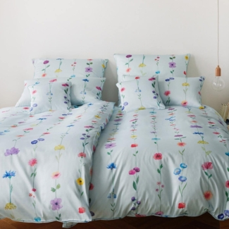 elegante Bambus-Baumwoll-Satin Bettwäsche Flower Show himmelblau|135x200 cm + 80x80 cm