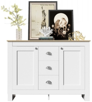 HAUSS SPOLE Sideboard mit 2 Türen, 3 Schubladen, Silbernen Griffen, Verstellbarem Regal weiß (Kommode im Landhausstil, 1 St, 2 Türen, 3 Schubladen), mit Verstellbarem Regal und Soft-Close-Scharnieren