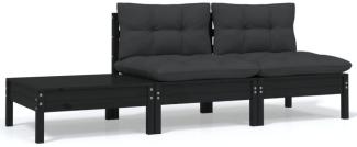 vidaXL 3-tlg. Garten-Lounge-Set mit Kissen Schwarz Kiefer Massivholz 806686