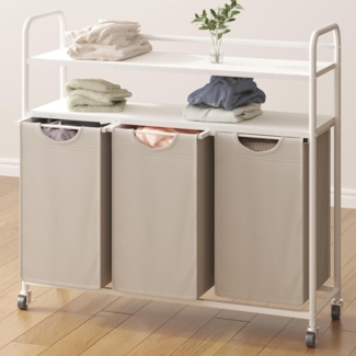 W?schekorb 3 F?cher, 3 x 46L, W?schesammler mit 2 Ablagen, W?schesortierer, W?schesack ausziehbar und abnehmbar, pro Tasche 46 Liter, fr Badezimmer, Waschkche, Wei?