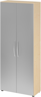 bümö Mehrzweckschrank 80cm breit, Aktenschrank o. Schuhschrank hoch, Schrank mit Regal, Küchenschrank in Ahorn/Silber aus Holz, Vorratsschrank & Haushaltsschrank mit Metallgriffen, 4100-3-S